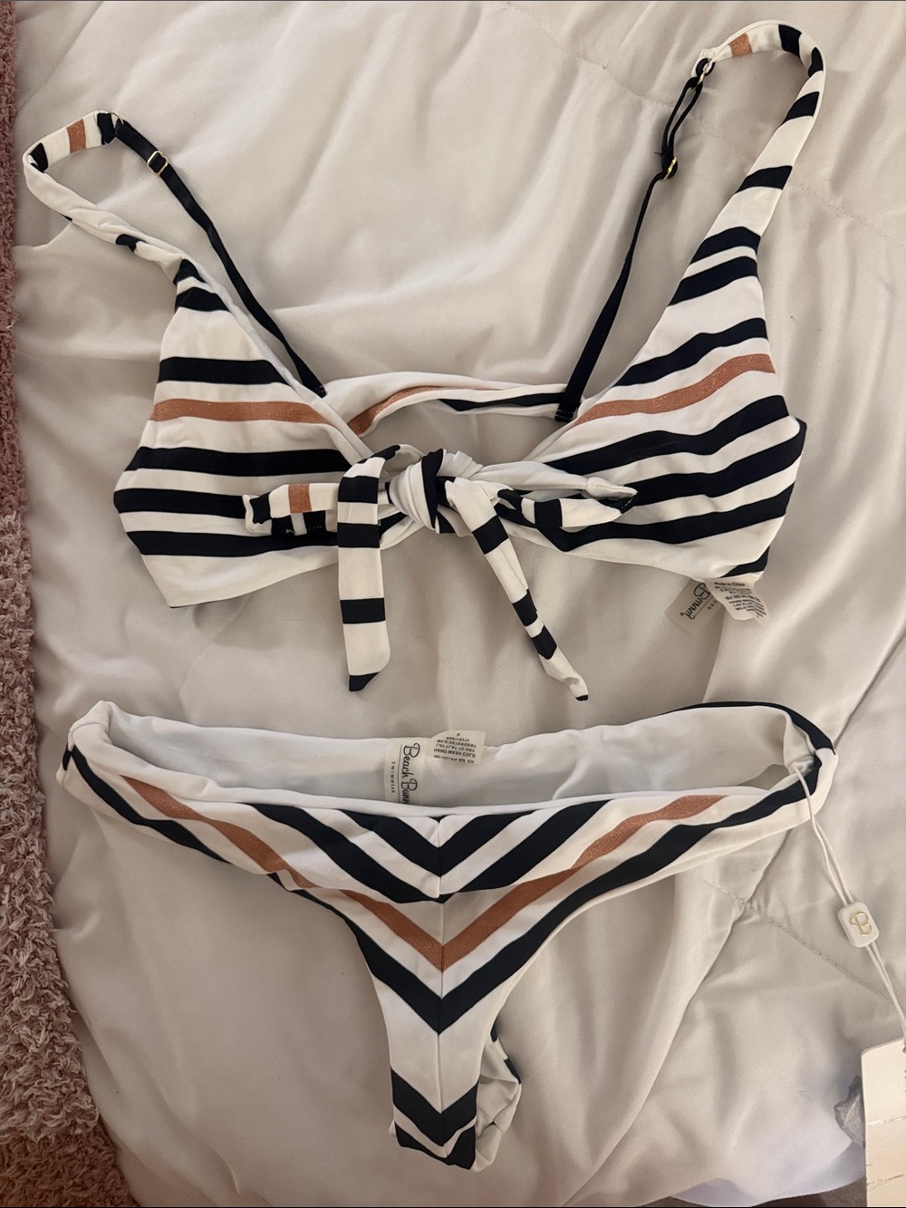 Beach Bunny Striped Tie-Front Bikini Set - Black, White & Tan